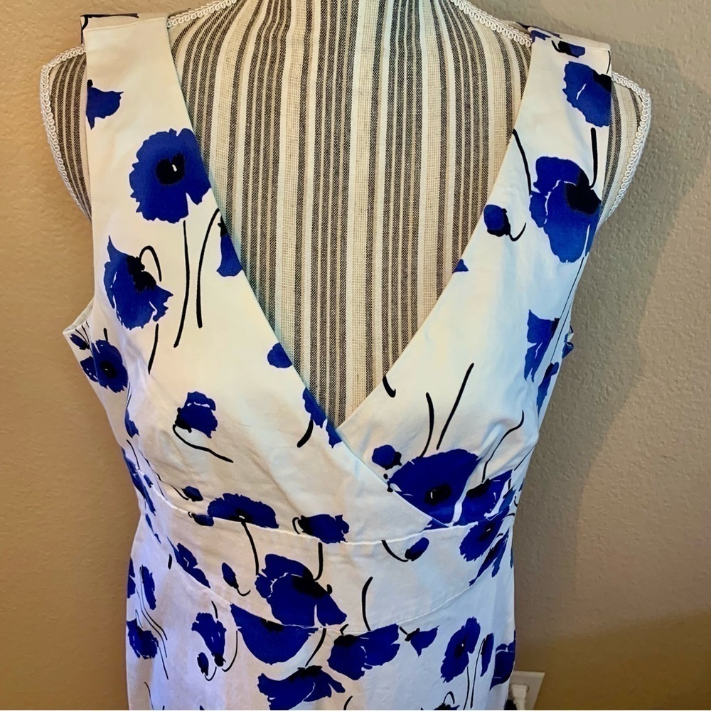 Spense Dress Missy Sz 12 White Blue Floral Cotton Sleeveless Faux Wrap Summer - Picture 2 of 16